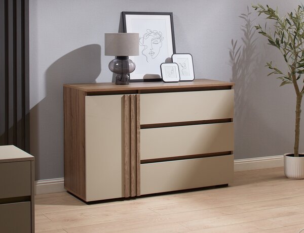 Comoda Malta, 1 usa + 3 sertare, 120x77x45cm, Nuc si Bej