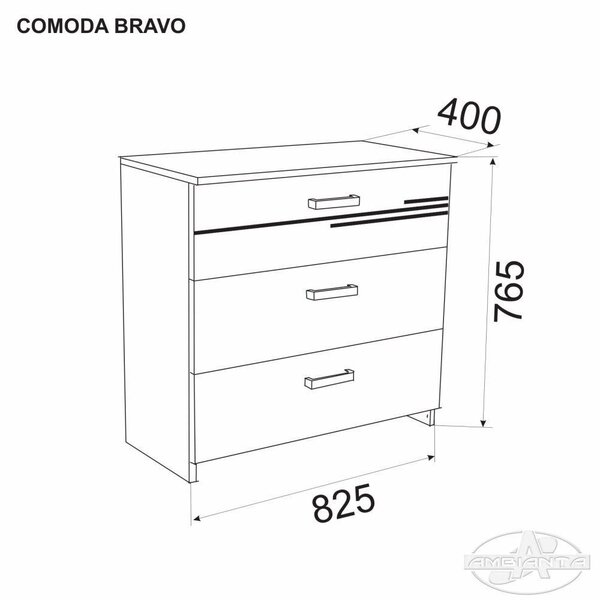 Comoda Bravo, 3 sertare, 82 x 76 x 40 cm, Fag