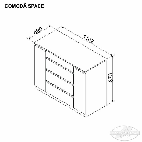 Comoda Space, 2 usi + 4 sertare, 100x84x52 cm, Alb
