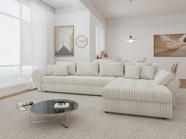 Colțar extensibil dumonde cu ladă de depozitare si sezut confortabil din spuma high-density, Loana XL Tilia Bej 01 II 335x185 cm
