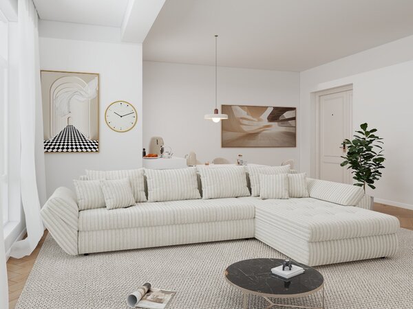 Colțar extensibil dumonde cu ladă de depozitare si sezut confortabil din spuma high-density, Loana XL Tilia Bej 01 II 335x185 cm