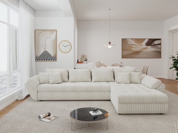 Colțar extensibil dumonde cu ladă de depozitare si sezut confortabil din spuma high-density, Loana XL Tilia Bej 01 II 335x185 cm
