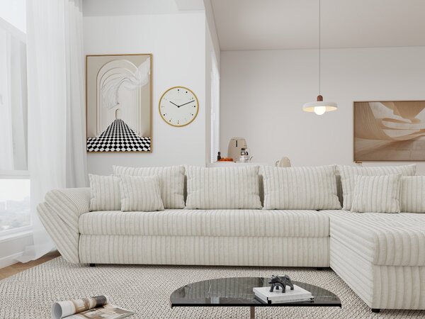 Colțar extensibil dumonde cu ladă de depozitare si sezut confortabil din spuma high-density, Loana XL Tilia Bej 01 II 335x185 cm