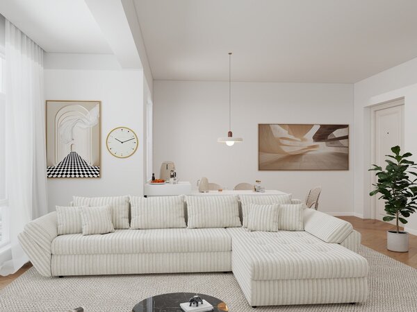 Colțar extensibil dumonde cu ladă de depozitare si sezut confortabil din spuma high-density, Loana XL Tilia Bej 01 II 335x185 cm