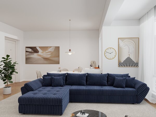 Colțar extensibil dumonde cu ladă de depozitare si sezut confortabil din spuma high-density, Loana XL Tilia Albastru 335x185 cm