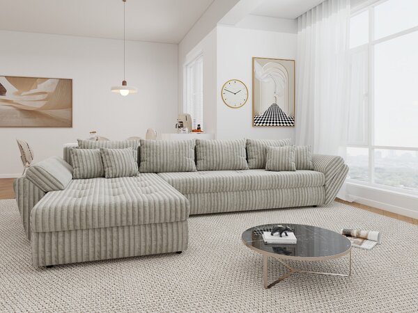 Colțar extensibil dumonde cu ladă de depozitare si sezut confortabil din spuma high-density, Loana XL Tilia Bej 08 335x185 cm