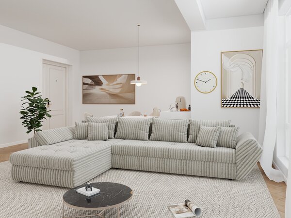 Colțar extensibil dumonde cu ladă de depozitare si sezut confortabil din spuma high-density, Loana XL Tilia Bej 08 335x185 cm