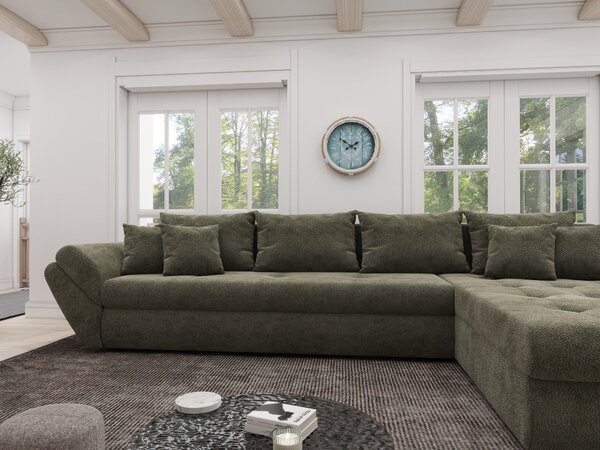 Colțar extensibil dumonde cu ladă de depozitare si sezut confortabil din spuma high-density, Loana XL Vibe Olive II 335x185 cm