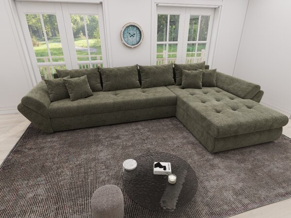 Colțar extensibil dumonde cu ladă de depozitare si sezut confortabil din spuma high-density, Loana XL Vibe Olive II 335x185 cm