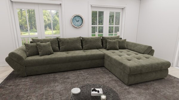 Colțar extensibil dumonde cu ladă de depozitare si sezut confortabil din spuma high-density, Loana XL Vibe Olive II 335x185 cm
