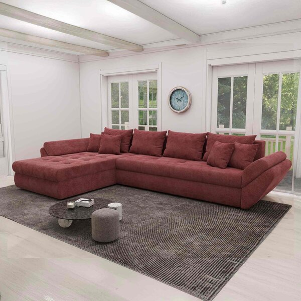 Colțar extensibil dumonde cu ladă de depozitare si sezut confortabil din spuma high-density, Loana XL Vibe Rosu 335x185 cm