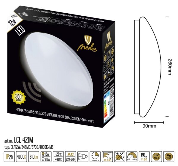 LED Corp de iluminat cu senzor LED/12W/230V