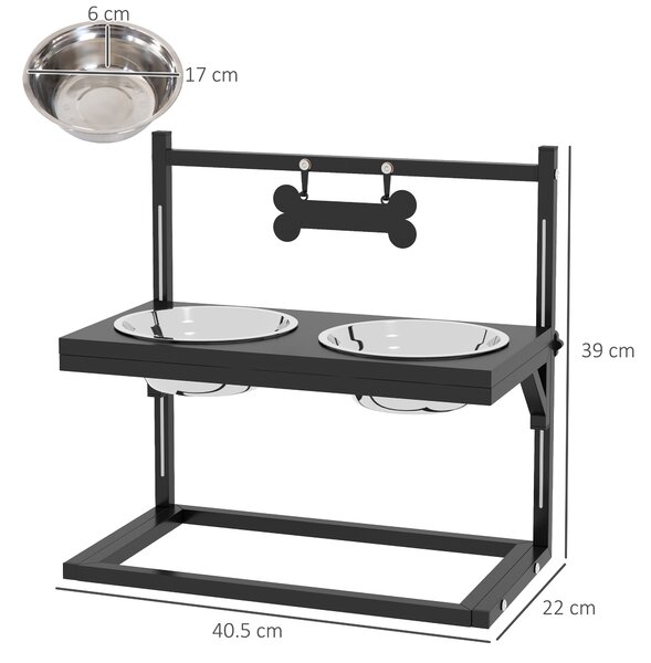 PawHut Boluri pentru Câini cu Înălțime Reglabilă și Plăcuță de Identificare, 2 Boluri din Oțel pentru Apă și Mâncare, 40.5x22x39 cm, Negru