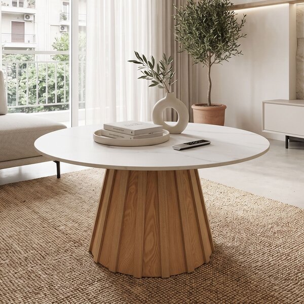 Masuta De Cafea Rotunda Fiora Piatra Sinterizata Aspect Marmura-MDF Nuanta Naturala D80x40 Cm