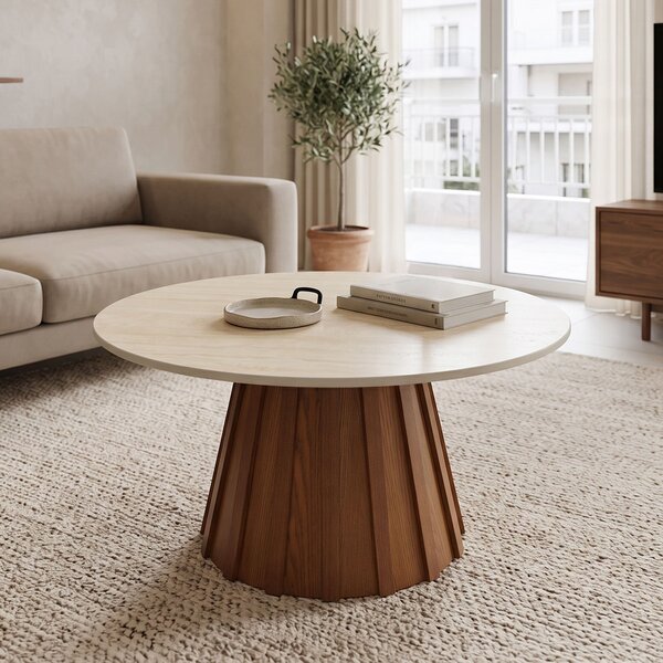 Masuta De Cafea Rotunda Fiora Piatra Sinterizata Aspect Travertin-MDF Nuc D80x40 Cm