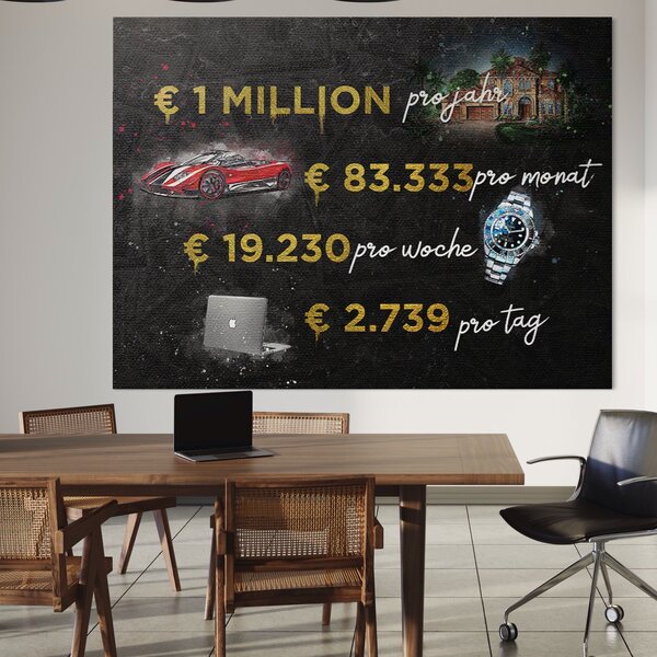 Tablou Canvas Premium LuxCanva® B1100, Viata De Milionar , Birou, Trai, Bogatie, Dolari, Rolex, Milionar, Masina De Lux, Rosu, Culori Vibrante
