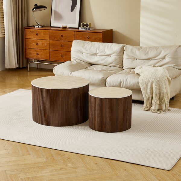 Masuta De Cafea Set 2 Bucati Nelora Nuc MDF Cu Bej Aspect Travertin Suprafata Ceramica