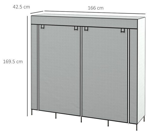 HOMCOM Dulap Portabil din Material Textil și Oțel, Garderobă cu 10 Rafturi, 4 Sertare și 2 Bare, 166x42,5x169,5 cm, Gri | Aosom Romania