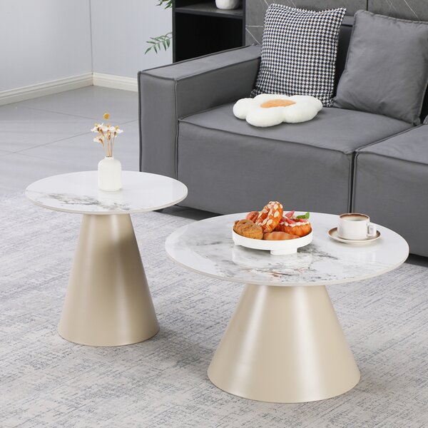 Masuta De Cafea Set 2 Bucati Divany Cappuccino Metal - Travertine Cu Efect Marmura