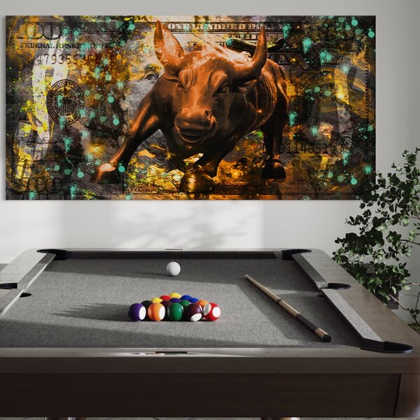 Tablou Canvas Premium LuxCanva® B1096, Dollar Bull , Birou, Taur, Bancnota, Dolar, Bar, Culori Vibrante