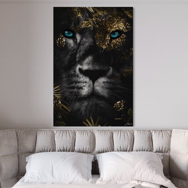 Tablou Canvas Premium LuxCanva® B1089, Frumusetea Leului Cu Ochi Albastrii , Birou, Leu, Rege, Savana, Living, Albastru, Negru, Auriu