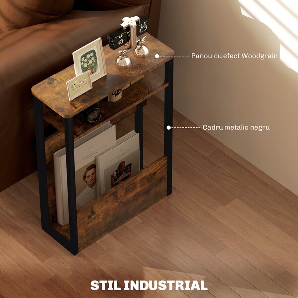 HOMCOM Măsuță de Living în Stil Industrial cu 2 Rafturi, Măsuță Laterală din Lemn și Metal, 46x18x58,5 cm, Maro Rustic | Aosom Romania
