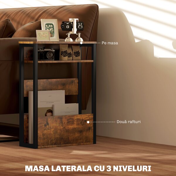 HOMCOM Măsuță de Living în Stil Industrial cu 2 Rafturi, Măsuță Laterală din Lemn și Metal, 46x18x58,5 cm, Maro Rustic | Aosom Romania