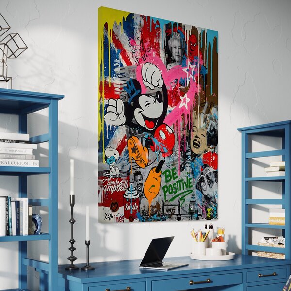 Tablou Canvas Premium LuxCanva® B1068, Be Positive , Decorativ, Birou, Mickey Mouse, Marilyn Monroe, Spider Man, Regina Elisabeta a II-a, Culori Vibrante