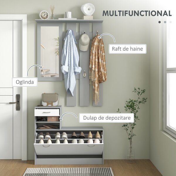 HOMCOM Set de Mobilier pentru Hol cu Raft pentru Pantofi, Oglindă și 2 rafturi Reglabile, 90x24x177 cm, Gri | Aosom Romania
