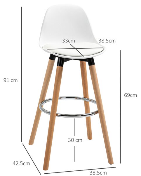 HOMCOM Set de 2 Scaune Înalte de Bar cu Spătar, Scaune Înalte cu Pernă și Pernițe pentru Picioare, 38,5x42,5x91 cm, Alb | Aosom Romania