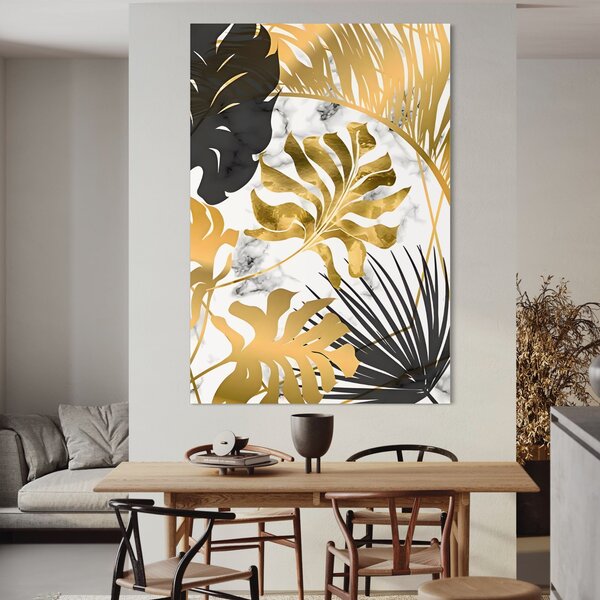 Tablou Canvas Premium LuxCanva® B1061, Golden Black Lief Plants , Decorativ, Living, Plante, Dormitor, Frunze, Liniste, Negru si Auriu