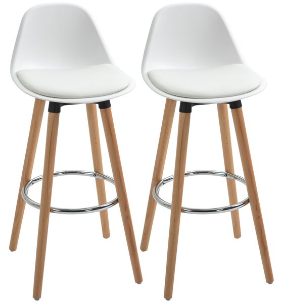 HOMCOM Set de 2 Scaune Înalte de Bar cu Spătar, Scaune Înalte cu Pernă și Pernițe pentru Picioare, 38,5x42,5x91 cm, Alb | Aosom Romania