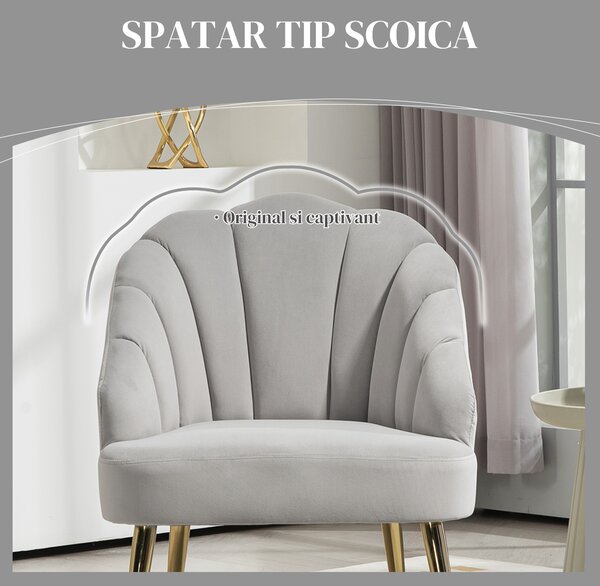 HOMCOM Fotoliu Tapițat cu Spătar în Formă de Cochilie, Fotoliu din Catifea cu Picioare Aurii, 63x65x84 cm, Gri | Aosom Romania