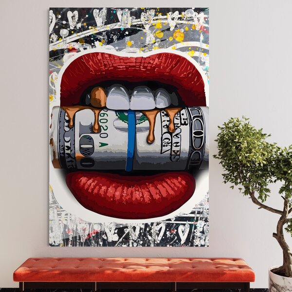 Tablou Canvas Premium LuxCanva® B1049, Dollar Lips , Living, Bani, Financiar, Buze, Rosu, Colorat, Culori Vibrante
