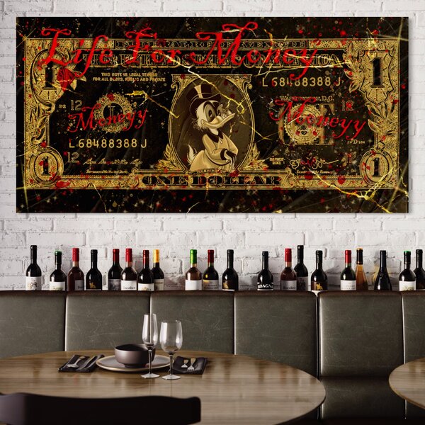 Tablou Canvas Premium LuxCanva® B1032, Life For Money , Decorativ, Donald Duck, Bani, Dolari, Motivational, Culori Vibrante