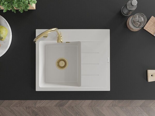 Mexen Ben, chiuvetă granit cu 1 cameră 600x500x190 mm, stânga + sifon auriu, alb, 6522605000-20-G
