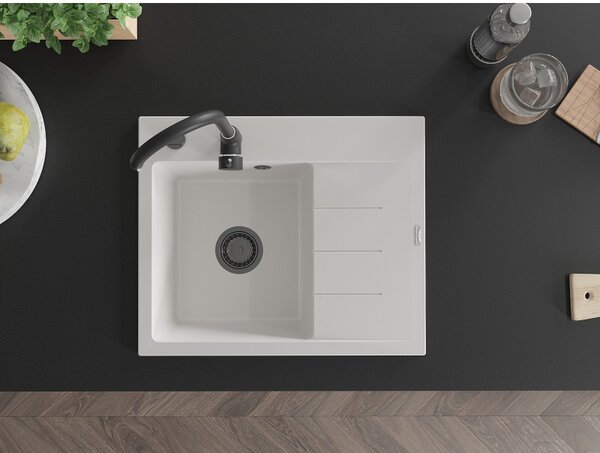 Mexen Ben, chiuvetă granit cu 1 cameră 600x500x190 mm, stânga + sifon negru, alb, 6522605000-20-B