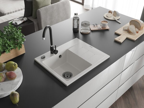 Mexen Ben, chiuvetă granit cu 1 cameră 600x500x190 mm, stânga + sifon negru, alb, 6522605000-20-B