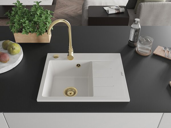 Mexen Ben, chiuvetă granit cu 1 cameră 600x500x190 mm, stânga + sifon auriu, alb, 6522605000-20-G