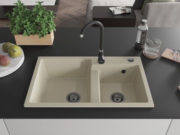 Mexen Tomas, chiuveta granit 800x500x190 mm, 2 camere, bej cu sifon negru, 6516802000-69-B