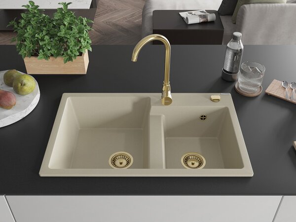 Mexen Tomas, chiuveta granit 800x500x190 mm, 2 camere, bej cu sifon auriu, 6516802000-69-G