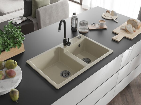 Mexen Tomas, chiuveta granit 800x500x190 mm, 2 camere, bej cu sifon negru, 6516802000-69-B