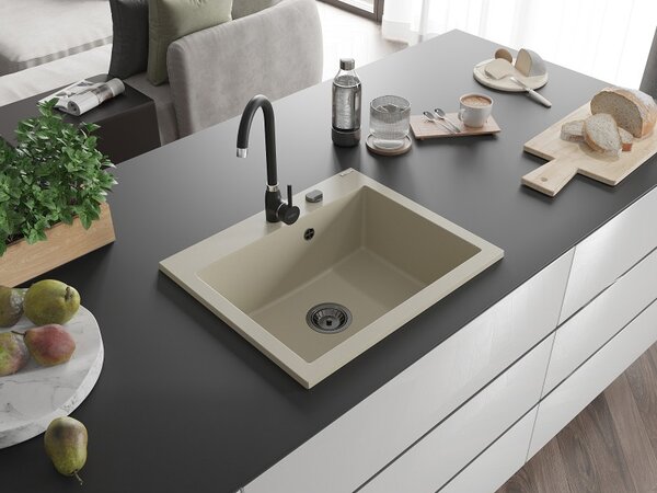 Mexen Elix, chiuvetă granit cu 1 vas 600 x 500 mm, bej, sifon negru, 6525601005-69-B