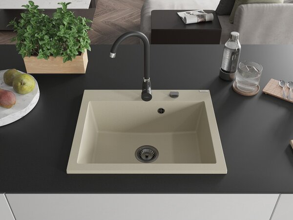 Mexen Elix, chiuvetă granit cu 1 vas 600 x 500 mm, bej, sifon negru, 6525601005-69-B