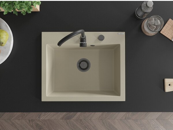 Mexen Elix, chiuvetă granit cu 1 vas 600 x 500 mm, bej, sifon negru, 6525601005-69-B