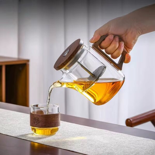 Ceainic ,ZEN FLOW 650 ml cu infuzor si sistem cu buton, sticla borosilicata