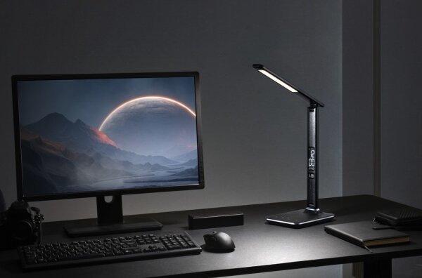 Immax 08930L - LED Lampă de masă cu display KINGFISHER LED/9W/230V/12V negru