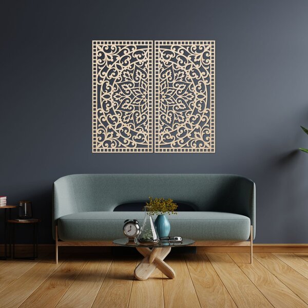 Pictură Mandala din lemn, 2 piese – Decorațiune murală sculptată - FLOUFER