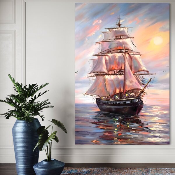 Tablou Canvas Premium LuxCanva® A1304, Vapor Pe Mare , Living, Vele, Rasarit, Pasari, Catarg, Dormitor, Culori Vibrante