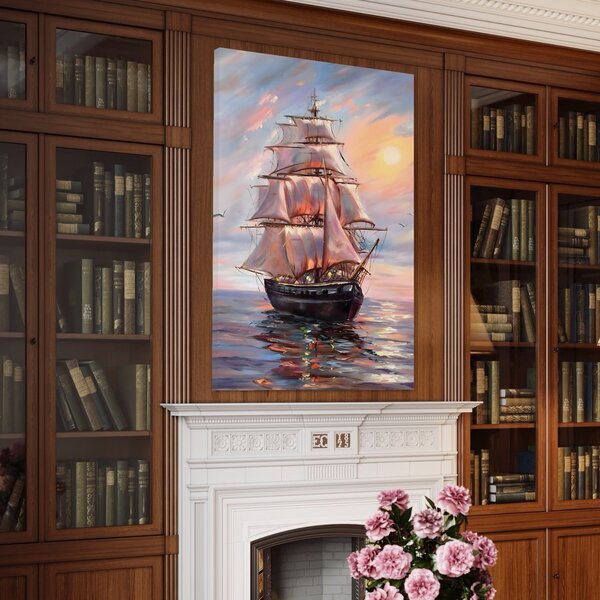 Tablou Canvas Premium LuxCanva® A1304, Vapor Pe Mare , Living, Vele, Rasarit, Pasari, Catarg, Dormitor, Culori Vibrante
